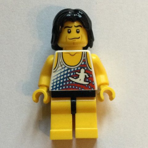 Minifigurka LEGO Surfer, White Tank Top with Surfer, Yellow Legs, Black Hair
