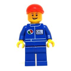 Minifigurka LEGO Racer, Blue Jumpsuit with Octan Logo, Red Cap, Open Mouth