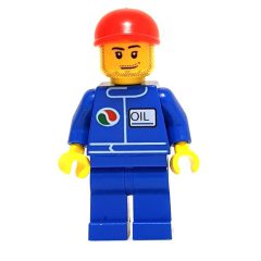 Minifigurka LEGO Racer, Blue Jumpsuit with Octan Logo, Red Cap, Stubble