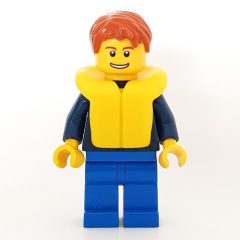 Minifigurka LEGO Man, Dark Blue Plaid Shirt, Blue Legs, Dark Orange Hair, Yellow Life Vest