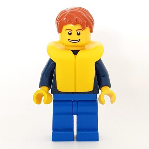 Minifigurka LEGO Man, Dark Blue Plaid Shirt, Blue Legs, Dark Orange Hair, Yellow Life Vest