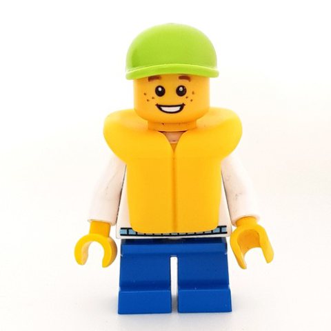 Minifigurka LEGO Boy, White and Blue Hoodie, Short Blue Legs, Lime Cap (3626b Head)