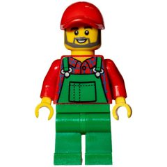 Minifigurka LEGO Man, Green Overalls over Red Shirt, Red Cap, Beard