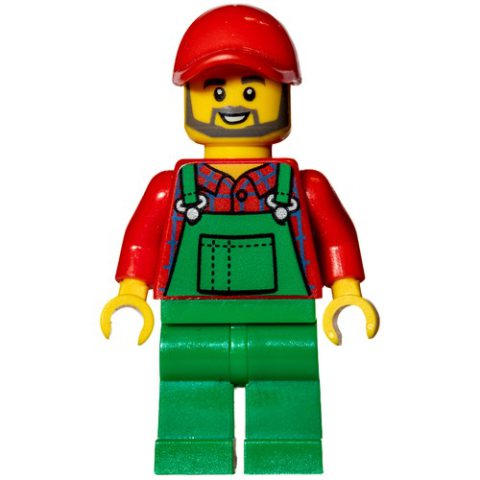 Minifigurka LEGO Man, Green Overalls over Red Shirt, Red Cap, Beard