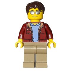 Minifigurka LEGO Man, Open Dark Red Jacket, Dark Tan Legs, Dark Brown Hair, Silver Sunglasses