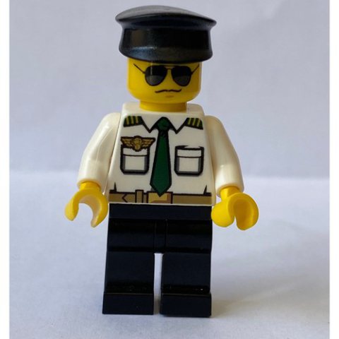 Minifigurka LEGO Pilot, White Shirt with Dark Green Tie and Wing Badge, Black Legs, Black Hat, Sunglasses