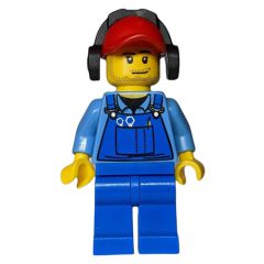 Minifigurka LEGO Ground Crew, Blue Overalls over Shirt, Red Cap with Ear Defenders, Stubble