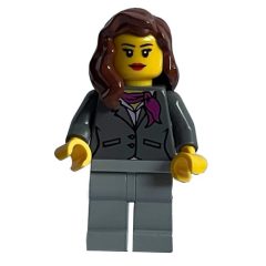 Minifigurka LEGO Woman, Dark Bluish Gray Jacket with Magenta Scarf, Light Bluish Gray Legs, Reddish Brown Hair
