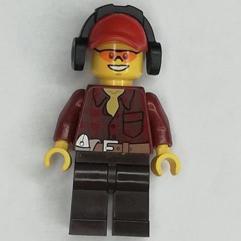 Minifigurka LEGO Lumberjack, Dark Red Flannel Shirt, Red Cap with Ear Defenders, Orange Safety Glasses