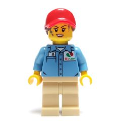 Minifigurka LEGO Ground Crew, Medium Blue Shirt with Octan Logo, Tan Legs, Red Cap with Hair