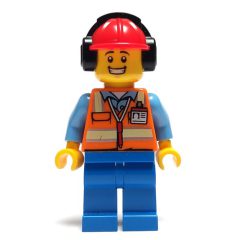 Minifigurka LEGO Ground Crew, Orange Safety Vest, Blue Legs, Red Hard Hat with Ear Defenders
