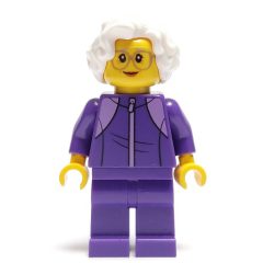 Minifigurka LEGO Woman, Dark Purple Jogging Suit, White Hair, Large Glasses