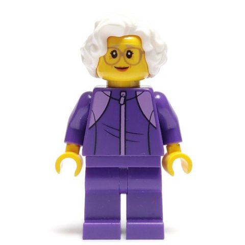Minifigurka LEGO Woman, Dark Purple Jogging Suit, White Hair, Large Glasses