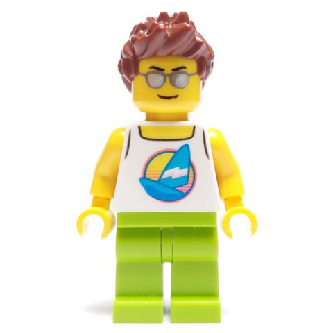 Minifigurka LEGO Man, White Tank Top with Windsurfer, Lime Legs, Reddish Brown Hair, Silver Sunglasses