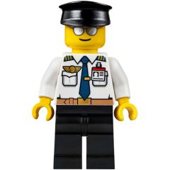 Minifigurka LEGO Pilot, White Shirt with Tie and Wing Badge, Black Legs, Black Hat, Silver Sunglasses