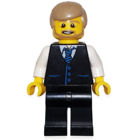 Minifigurka LEGO Man, Black Vest with Tie, Dark Tan Hair, Beard