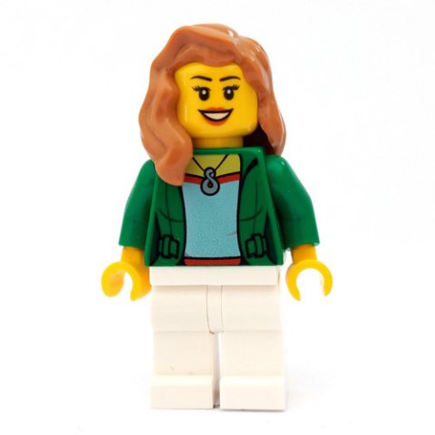 Minifigurka LEGO Woman, Open Green Jacket with Necklace, Medium Nougat Hair