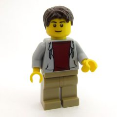 Minifigurka LEGO Man, Open Light Bluish Gray Hoodie over Dark Red Shirt, Dark Tan Legs, Dark Brown Hair
