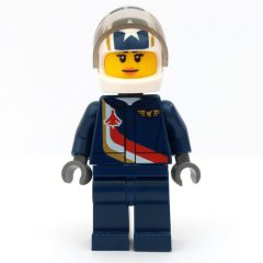 Minifigurka LEGO Pilot, Woman, Dark Blue Jumpsuit with Plane and Wings Badge, White Helmet with Stars and Visor