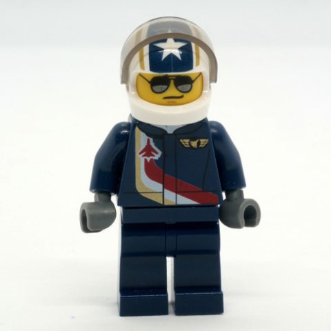 Minifigurka LEGO Pilot, Dark Blue Jumpsuit with Plane and Wings Badge, White Helmet with Stars and Visor, Sunglasses