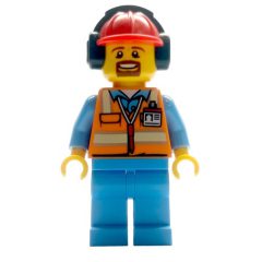 Minifigurka LEGO Ground Crew, Orange Safety Vest, Medium Blue Legs, Red Hard Hat with Ear Defenders, Goatee Beard