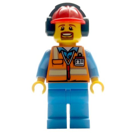 Minifigurka LEGO Ground Crew, Orange Safety Vest, Medium Blue Legs, Red Hard Hat with Ear Defenders, Goatee Beard
