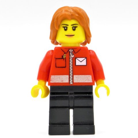 Minifigurka LEGO Postal Worker, Woman, Red Jacket with Zipper and Letter Logo, Black Legs, Dark Orange Hair