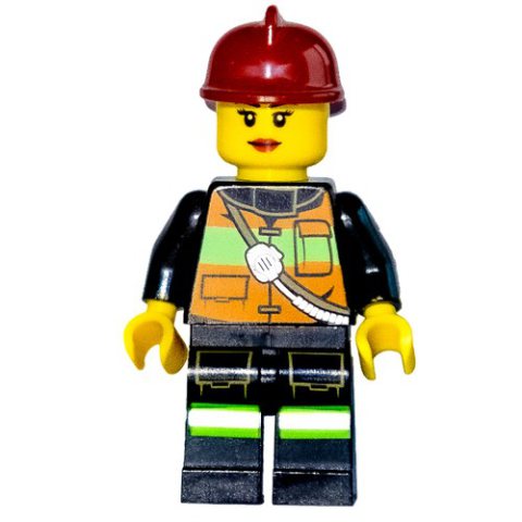 Minifigurka LEGO Firewoman, Orange Safety Vest with Radio, Dark Red Helmet