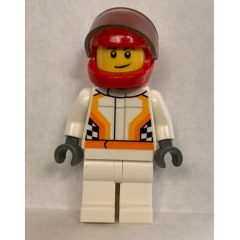 Minifigurka LEGO Racer, White and Orange Jumpsuit, Red Helmet with Visor