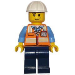 Minifigurka LEGO Ground Crew, Orange Safety Vest, Dark Blue Legs, White Hard Hat, Stubble