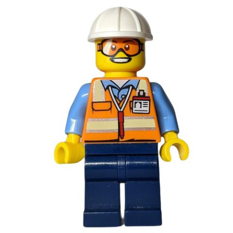 Minifigurka LEGO Ground Crew, Orange Safety Vest, Dark Blue Legs, White Hard Hat, Orange Safety Goggles