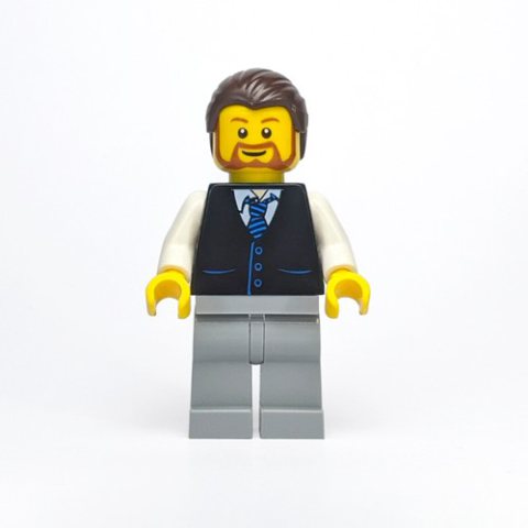 Minifigurka LEGO Man, Black Vest with Tie, Dark Brown Hair, Beard