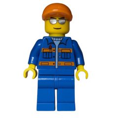 Minifigurka LEGO Ground Crew, Blue Jumpsuit with Orange Stripes and Pockets, Orange Cap, Silver Sunglasses