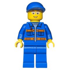 Minifigurka LEGO Ground Crew, Blue Jumpsuit with Orange Stripes and Pockets, Blue Cap, Glasses