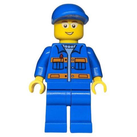 Minifigurka LEGO Ground Crew, Blue Jumpsuit with Orange Stripes and Pockets, Blue Cap, Glasses