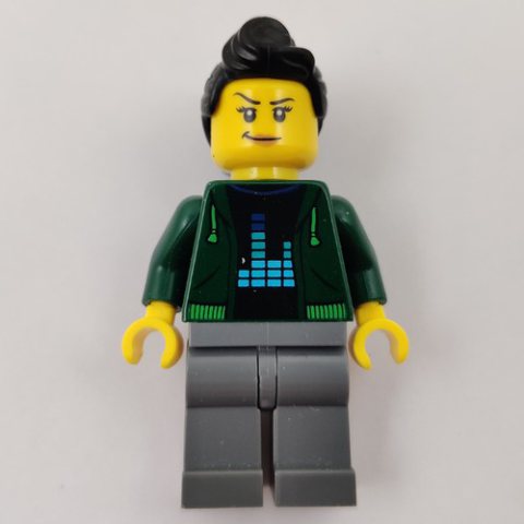 Minifigurka LEGO Woman, Open Dark Green Hoodie, Black Hair