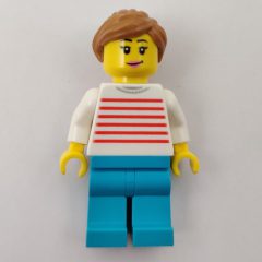 Minifigurka LEGO Woman, Red and White Striped Sweater, Medium Azure Legs, Medium Nougat Hair