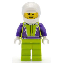Minifigurka LEGO Racer, Lime and Dark Purple Jumpsuit, White Helmet with Visor