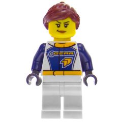 Minifigurka LEGO Racer, Woman, Dark Blue and White Jumpsuit with 'GEAR', Reddish Brown Hair