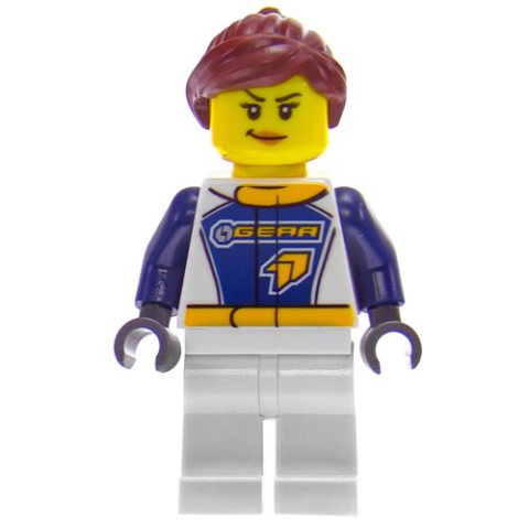 Minifigurka LEGO Racer, Woman, Dark Blue and White Jumpsuit with 'GEAR', Reddish Brown Hair