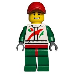 Minifigurka LEGO Racer, White and Green Jumpsuit with Octan Logo, Red Cap