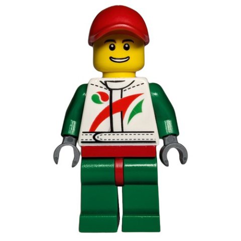 Minifigurka LEGO Racer, White and Green Jumpsuit with Octan Logo, Red Cap