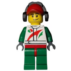 Minifigurka LEGO Racer, White and Green Jumpsuit with Octan Logo, Red Cap with Ear Defenders, Stubble