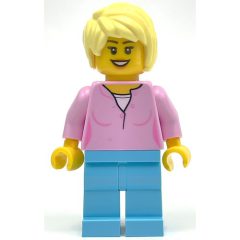 Minifigurka LEGO Woman, Bright Pink Top, Medium Azure Legs, Bright Light Yellow Hair