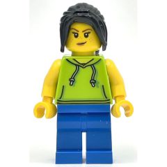 Minifigurka LEGO Woman, Lime Hoodie, Blue Legs, Black Hair