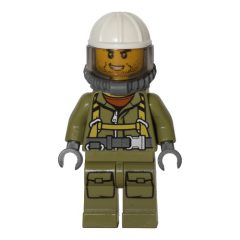 Minifigurka LEGO Volcano Explorer, Man, Olive Green Jumpsuit with Straps, White Hard Hat with Visor, Breathing Apparatus, Airtanks, Stubble