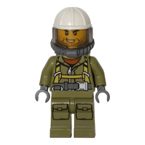 Minifigurka LEGO Volcano Explorer, Man, Olive Green Jumpsuit with Straps, White Hard Hat with Visor, Breathing Apparatus, Airtanks, Stubble