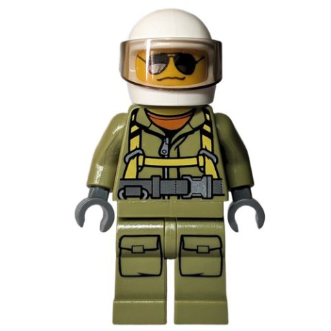 Minifigurka LEGO Volcano Explorer, Man, Olive Green Jumpsuit with Straps, White Helmet with Visor, Sunglasses