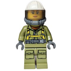 Minifigurka LEGO Volcano Explorer, Woman, Olive Green Jumpsuit with Straps, White Hard Hat with Visor, Breathing Apparatus, Airtanks