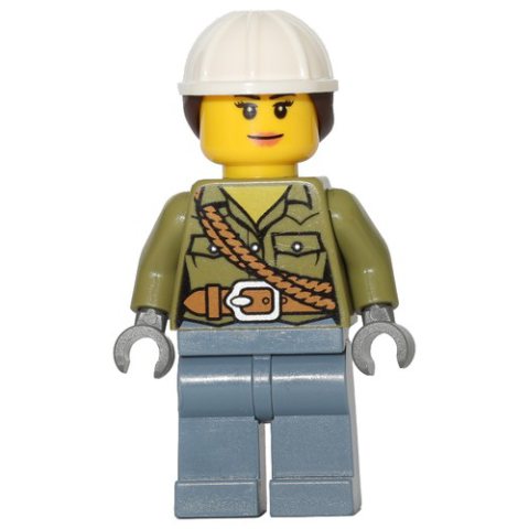 Minifigurka LEGO Volcano Explorer, Woman, Olive Green Shirt with Rope, White Hard Hat with Hair